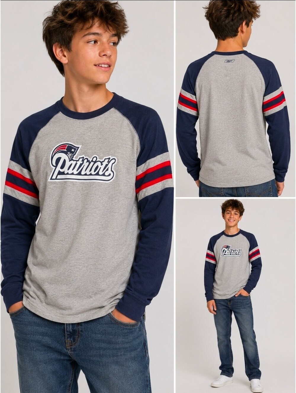 Reebok New England Patriots Youth L 14/16 Long Sleeve Raglan NFL Shirt